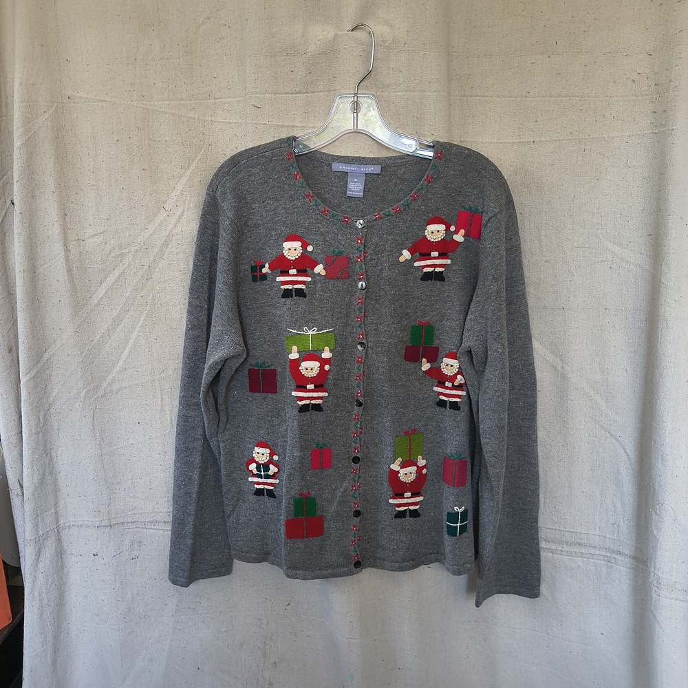 Carol Reed Women's XL Gray Cardigan Christmas Santa Pattern Button Up  Sweater